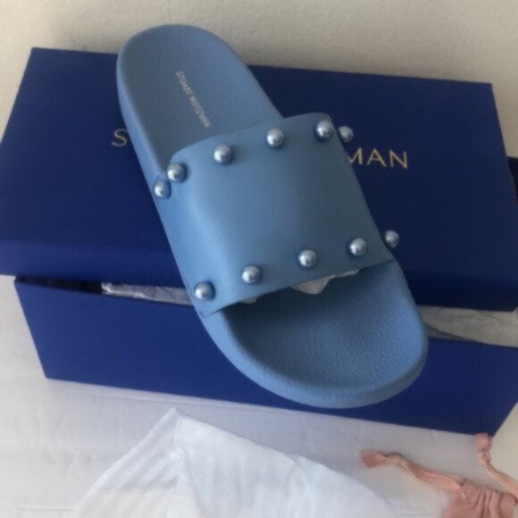STUART WEITZMAN Studded Leather Slides Sandals Mules Blue Sz.8 - Picture 6 of 10